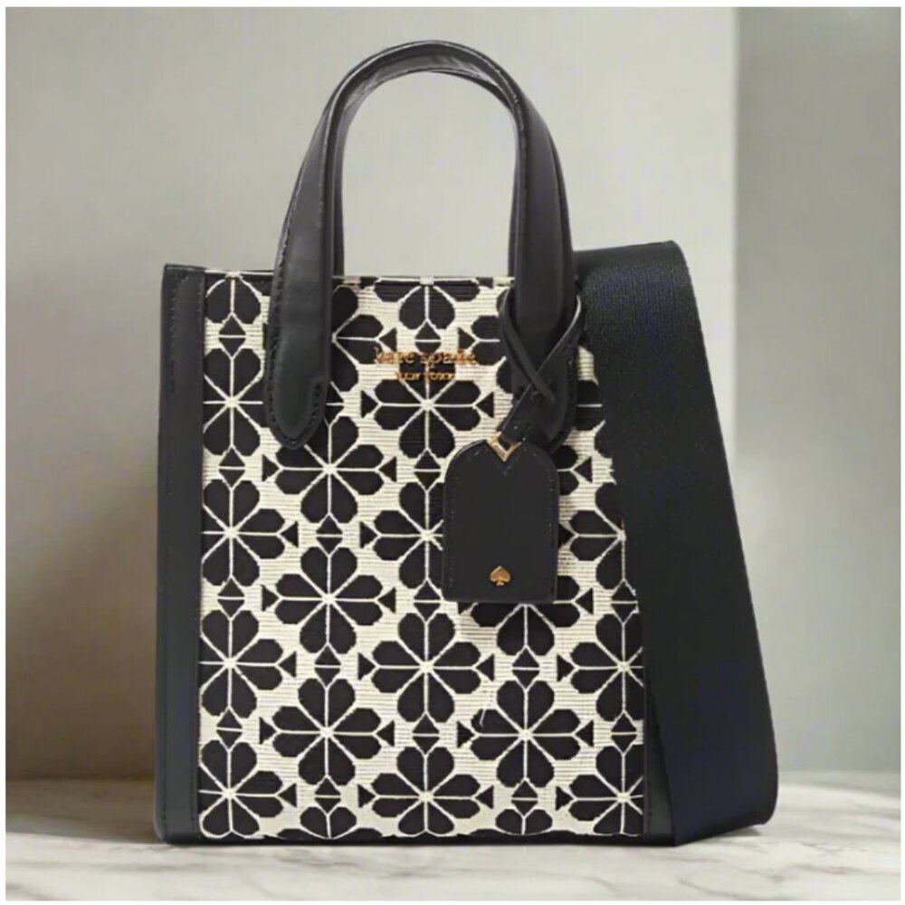 Kate Spade Flower Jacquard Manhattan Mini Tote Blue Leather Crossbody Bag